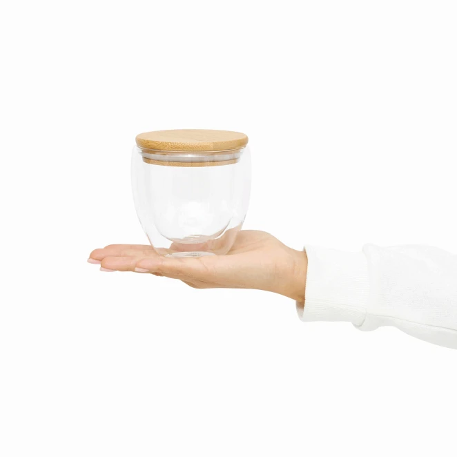 Dwuścienna szklanka BAMBOO ART S z pokrywą z bambusa. Przezroczysta, odporna na temperaturę, o pojemności ok. 250 ml. do nałożenia logo Zdjęcie 10