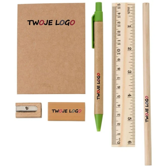 Zestaw szkolny, piórnik, ołówek, długopis, notatnik, linijka, gumka i temperówka z logo Zdjęcie