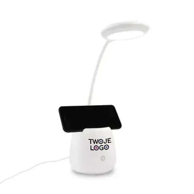 Lampka na biurko, głośnik bezprzewodowy 3W, stojak na telefon, pojemnik na przybory do pisania | Asar z logo firmy Zdjęcie