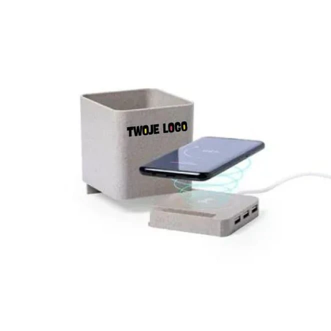Ładowarka bezprzewodowa 5W ze słomy pszenicznej, hub USB 2.0, pojemnik na przybory do pisania, stojak na telefon z naniesieniem logo Zdjęcie