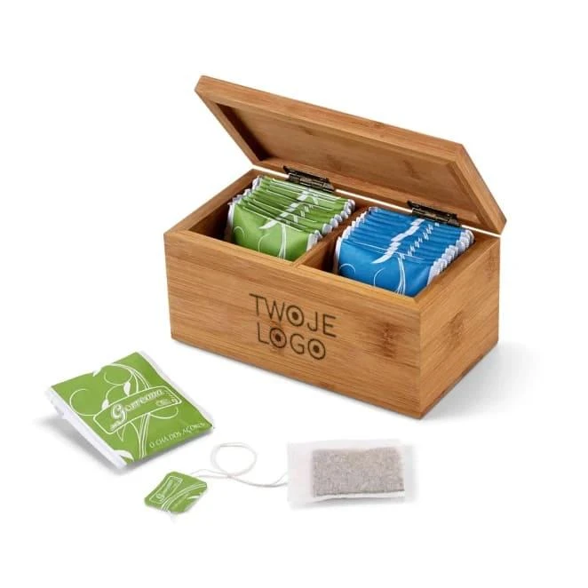 BURDOCK. Bambusowe pudełko na herbatę z 2 przegrodami i zamknięciem na magnes do drukowania logo Zdjęcie