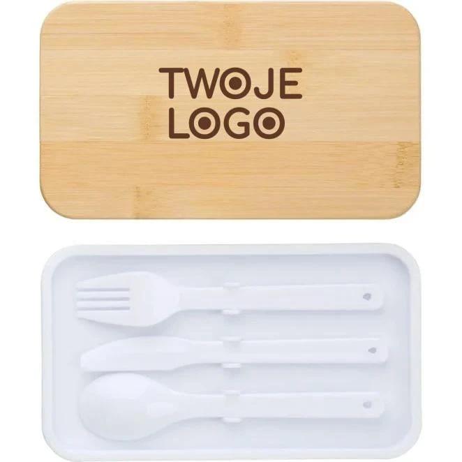 Pudełka śniadaniowe 2 w 1, 2x400 ml, bambusowe wieczko, sztućce z logo firmy Zdjęcie
