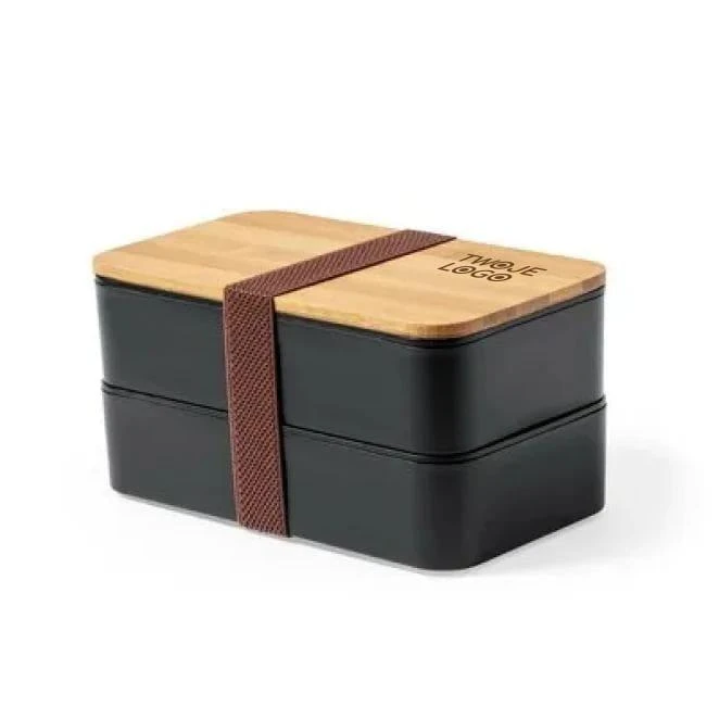 Pudełka śniadaniowe 2 szt., 2x500 ml, bambusowe wieczko, sztućce z nadrukiem logo Zdjęcie