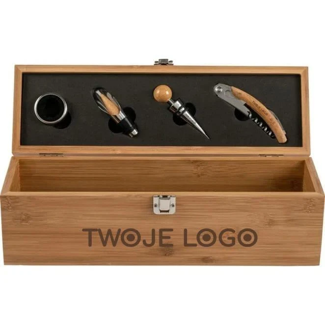 Bambusowy zestaw do wina, 4 el., skrzynka do wina z naniesieniem logo Zdjęcie