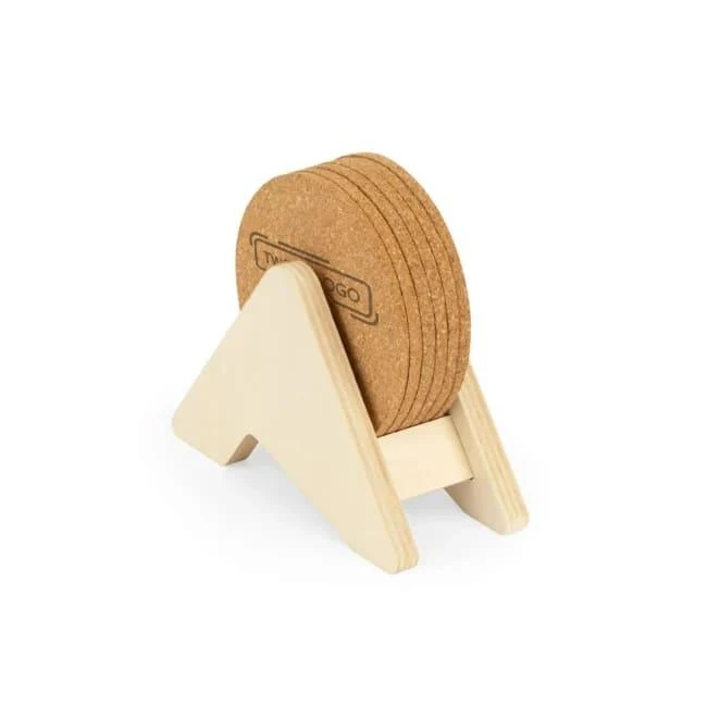PLYCORK. Stojak ze sklejki z 6 korkowymi podstawkami do naniesienia logo Zdjęcie