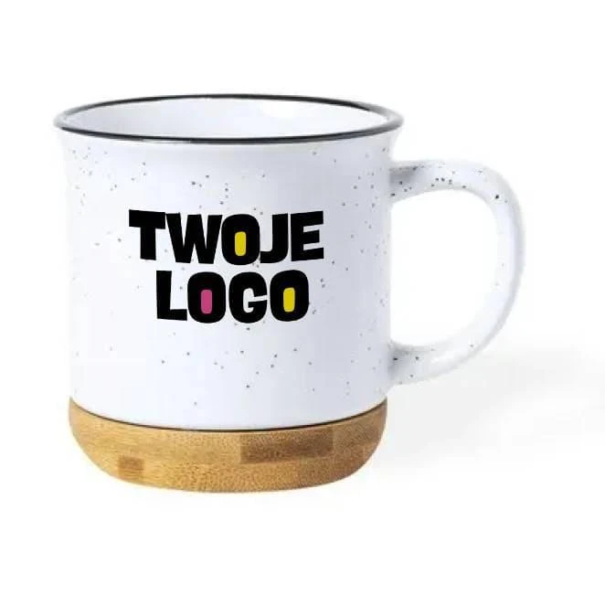 Kubek ceramiczny 330 ml z bambusowym elementem z nadrukiem na zamówienie Zdjęcie