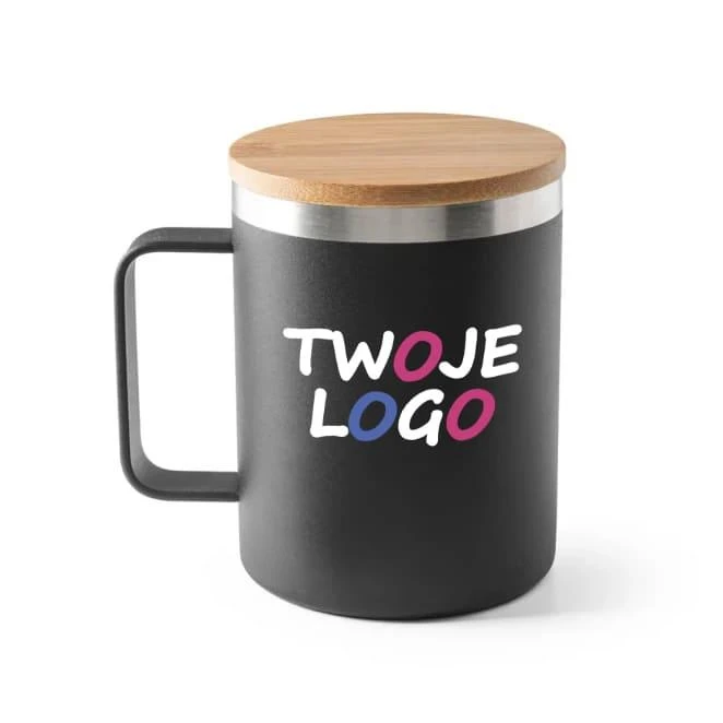 LAUDA. Kubek ze stali nierdzewnej pochodzącej w 90% z recyklingu z bambusową pokrywką 420 mL z nadrukiem na zamówienie Zdjęcie