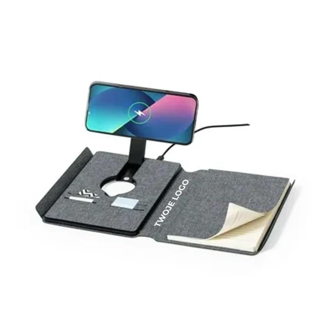 Wielofunkcyjny notatnik RPET A5, magnetyczna ładowarka bezprzewodowa 10W, power bank 5000 mAh z logo firmy Zdjęcie