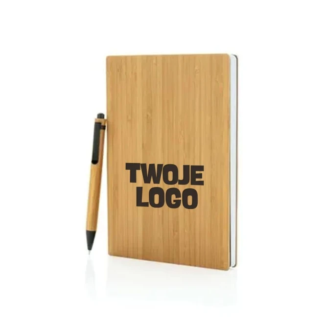 Bambusowy notatnik A5 z bambusowym długopisem z logo firmy Zdjęcie