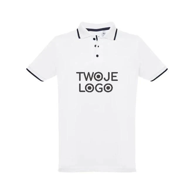 THC ROME WH. Męska dwukolorowa bawełniana koszulka polo. Kolor biały z nadrukiem na zamówienie Zdjęcie