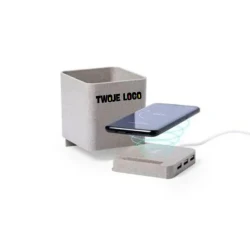 Ładowarka bezprzewodowa 5W ze słomy pszenicznej, hub USB 2.0, pojemnik na przybory do pisania, stojak na telefon z naniesieniem logo