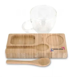 Taca z łyżeczką i szklanym kubkiem FORMOSA 150 ml z logo