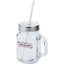 Słoik do picia 480 ml ze słomką z nadrukiem logo